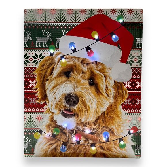 LED Christmas Dog Labradoodle Light-Up Canvas Picture Wall Art Decor 15x19" - Picture 9 of 13